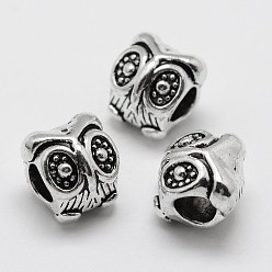 Antique Silver Alloy European Beads, Owl, Large Hole Beads, Antique Silver, 11x10mm, Hole: 4.5mm
