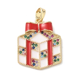 Box Рождественские латунные подвески с микропаве из фианита, с эмалью, золотые, коробка, 21.5x18x3.5 мм, отверстие : 5x2.5 мм