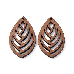 Лист Подвески из орехового дерева, вырезанные лазером, полые прелести, неокрашенными, лист, 40x23x2.5 мм, отверстие : 1.6 мм