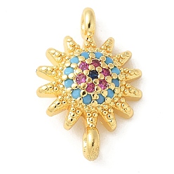 Настоящее золото 18K Шармы-соединители из латуни с микропаве из кубического циркония, без кадмия, без никеля и без свинца, солнце, реальный 18 k позолоченный, 16.5x11x4.5 мм, отверстие : 1.4 мм