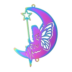 Rainbow Color 201 подвески из нержавеющей стали, луна с ангельскими звеньями, Радуга цветов, 71x49x0.2 мм, отверстие : 2 мм