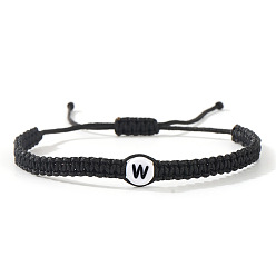 Letter W Плоские круглые браслеты из плетеных бусин из смоляных бусин с буквенным узором, регулируемые плетеные браслеты из хлопкового шнура для мужчин и женщин, Буква W, 11.02 дюйм (28 см)