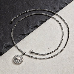 Antique Silver Vintage 304 Stainless Steel Embossed Sun Pendant Necklaces for Men, Antique Silver, 23.62 inch(60cm)