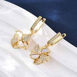 Настоящее золото 18K Серьги-кольца из латуни с микропаве из прозрачных кубических цирконий в форме мельницы, с ракушкой и имитацией жемчуга из АБС, без кадмия и без свинца, стойки покрытие, долговечный, реальный 18 k позолоченный, 31.5x14.5 мм