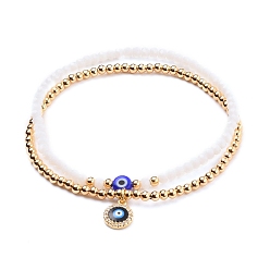 White Stretch Bracelets Sets, Stackable Bracelets, with Round Brass Beads, Glass Beads, Evil Eye Lampwork Beads and Brass Micro Pave Cubic Zirconia Charms, Golden, White, Inner Diameter: 2-1/4 inch(5.7cm), 2pcs/set