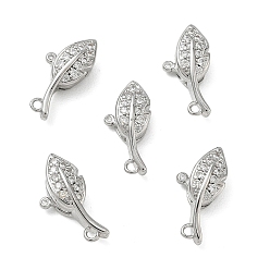 Platinum SHEGRACE Brass Micro Pave Clear Cubic Zirconia Lobster Claw Clasps, Leaf, Cadmium Free & Lead Free & Nickel Free, Platinum, 18x8x5.5mm, Hole: 1.2mm