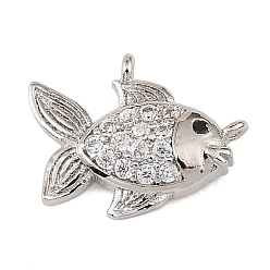 Platinum Brass Micro Pave Black Cubic Zirconia Charms, Fish Charms, Rack Plating, Long-Lasting Plated, Cadmium Free & Lead Free, Platinum, 11x14x3mm, Hole: 0.6mm