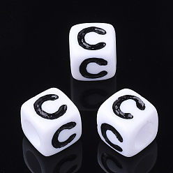 Letter C Letter Acrylic Beads, Cube, White, Letter C, Size: about 7mm wide, 7mm long, 7mm high, hole: 3.5mm, about 2000pcs/500g