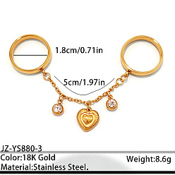 Golden 304 Stainless Steel Pave Cubic Zirconia Double Finger Rings, Heart, Golden, 18mm