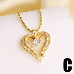 Clear Valentine's Day Brass Pave Cubic Zirconia Pendant Necklaces, Heart, Golden, Clear, 15.75 inch(40cm), pendant: 26x24mm