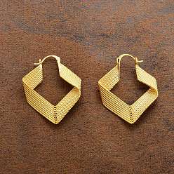 Настоящее золото 22K Серьги-кольца из латуни с текстурированными ромбами для женщин, реальный 22 k позолоченный, 39.5x32.5x8 мм