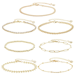 Light Gold 7шт 7 набор из латунных плоских звеньев цепи-змейки, спутников и листьев, теннисные браслеты с кристаллами и стразами, эластичные ножные браслеты из бисера для женщин, золотой свет, 6-5/8~7-3/4 дюйм (16.9~19.7 см), 1 шт / стиль