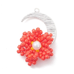Оранжево-Красный Подвески из стеклянных бусин в виде луны и цветов, с соединителями из латуни, серебряные, оранжево-красный, 26.5x18.5x8 мм, отверстие : 1.2 мм