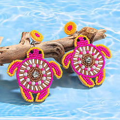 Темно-Розовый Богемные серьги-гвоздики из стеклянного бисера и нетканого материала., плоские круглые с черепахой, платина, темно-розовыми, 72x52 мм