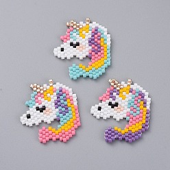Mixed Color MIYUKI Japanese Seed Beads, Handmade Pendants, Loom Pattern, with Polyester Threads, Unicon, Mixed Color, 27.5~29x24x1.5mm, Hole: 0.8mm, 3pcs/set
