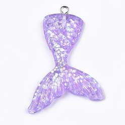 Средняя Орхидея Подвески из смолы, с порошком блеска и железом, форма хвоста русалки, платина, средне орхидеи, 46x30x6 мм, отверстие : 2 мм
