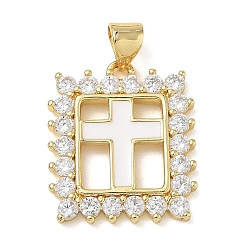 Blanc Pendentifs croix religieuse en laiton micro-pavé de zircon cubique transparent, Breloques rectangulaires émaillées, sans plomb et sans cadmium, plaqué longue durée, crémaillère plaquage, réel 18 k plaqué or, blanc, 21x18x2.5mm, Trou: 5x3.5mm