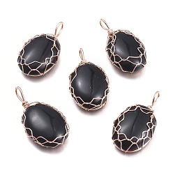Obsidian Natural Obsidian Pendants, Wire Wrapped Pendants, with Rose Gold Plated Brass Wire, Oval, 42.5x23x10mm, Hole: 5x7mm