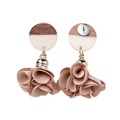 Dark Salmon Stud Earrings, with Cloth Pendant, Resin & Wood Pendants and Stainless Steel Findings, Flat Round and Flower, Dark Salmon, 46.5~50.5mm, Flat Round: 18x2.8mm, Flower: 26.5~30.5x26.5~32mm, Pin: 0.6mm