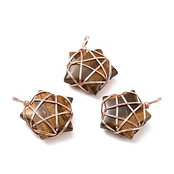 Тигровый глаз Природных тигровый глаз подвески, с медной проволокой оттенка розового золота, без кадмия и без свинца, звезда, 37~41x29~31x9~11 мм, отверстие : 4.5~6 мм