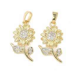 Настоящее золото 18K Латунные микропаве прозрачные подвески с фианитом, без кадмия и без свинца, цветок, реальный 18 k позолоченный, 21x12x2.5 мм, отверстие : 2x4.5 мм