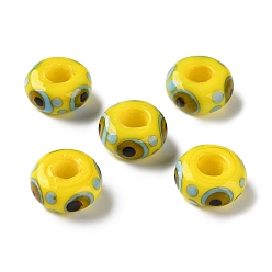 Yellow Handmade Lampwork European Beads, Large Hole Beads, Rondelle with Evil Eye, Yellow, 14x7mm, Hole: 5.5mm