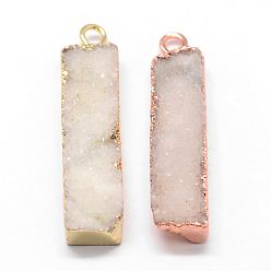 Mixed Color Electroplated Natural & Dyed Druzy Agate Pendants, with Brass Findings, Mixed Color, 37~41x9~10x5~9mm, Hole: 3mm