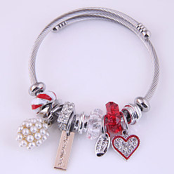 Сиамский Регулируемые европейские браслеты из нержавеющей стали, браслеты с подвесками для женщин, сердце, круг, прямоугольник, овал, с бусинами из сплава, стразов и смолы, Сиам, внутренний диаметр: 2 дюйм (5 см)