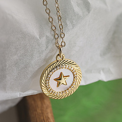 Звезда Подвеска-колье из латуни с микропаве из прозрачных кубических цирконий и натуральными ракушками, плоская круглая, для женщин., золотые, звезда, 17.72 дюйм (45 см)