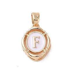 Letter F 304 aus Stahl-Email-Anhänger, Oval mit Buchstaben, golden, weiß, Buchstabe f, 15.5x11.5x4 mm, Bohrung: 4.5x2.5 mm