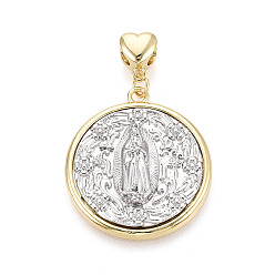 Real Gold Plated & Real Platinum Plated Религия латунные подвески, плоский круглый с подвесками Девы Марии, настоящее золото и платина, 44.5x30x5 мм, отверстие : 4.5x5.5 мм