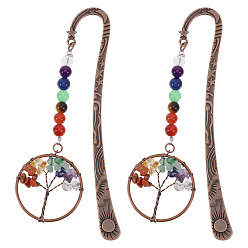 Piedra Mixta 2 1 marcapáginas de aleación estilo tibetano con gancho, Marcapáginas redondo con cuentas de piedras preciosas y dije del árbol de la vida con fragmentos de piedras preciosas naturales y sintéticas, 122x24x2.5 mm