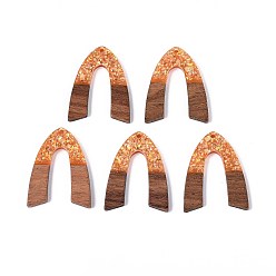 Темно-Оранжевый Подвески из непрозрачной смолы и орехового дерева, арочные прелести, с блестящей пудрой и золотой фольгой, темно-оранжевый, 38x28.5x3 мм, отверстие : 2 мм