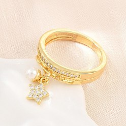 Real 18K Gold Plated Brass Micro Pave Cubic Zirconia Finger Rings for Women, Star, with ABS Imitation Pearl, Cadmium Free & Lead Free, Rack Plating, Real 18K Gold Plated, 5mm, Inner Diameter: 17mm