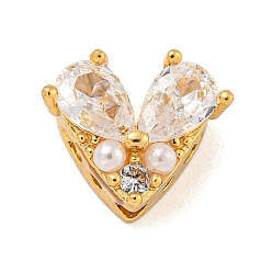 Прозрачный Латунные микро проложить кубического циркония бусы, с ABS имитации жемчуга, сердце, прозрачные, 10x11x6 мм, отверстие : 1.4 мм