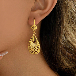 Teardrop Hollow Brass Hoop Dangle Earrings for Women, Real 18K Gold Plated, Teardrop, 52x15mm