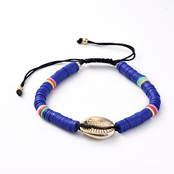 Blue Adjustable Nylon Cord Braided Bead Bracelets, with Polymer Clay Heishi Beads, Electroplated Cowrie Shell Beads and Brass Round Beads, Blue, 2 inch~3-1/2 inch(5~9cm)