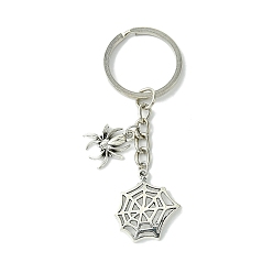 Antique Silver & Platinum Tibetan Style Alloy Pendants Keychain, with Iron Split Key Rings, Spider Web, Antique Silver & Platinum, 8cm