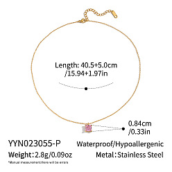 Pink Подвески с квадратными кубическими циркониями на цепочках из нержавеющей стали с покрытием из настоящего золота для женщин., розовые, 304 дюйм (18 см)