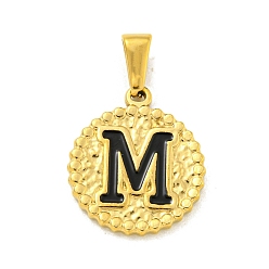 Letter M Ионное покрытие (ip) 304 подвески из нержавеющей стали с эмалью, золотые, плоский круглый с подвеской в виде буквы, Буква М, 21x18x2 мм, отверстие : 8x3.5 мм