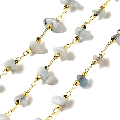 Аквамарин Цепочки из бисера ручной работы из натурального аквамарина, пайки, с реечной обшивкой латунными выводами, долговечный, без свинца и без кадмия, с катушкой, реальный 18 k позолоченный, 3~8x2~4x3~4 мм