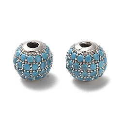 Bleu Ciel Plaqué rhodium 925 perles en argent sterling micro pavées de zircones cubiques, ronde, Platine plaqué, bleu ciel, 8x7.5mm, Trou: 2.2mm