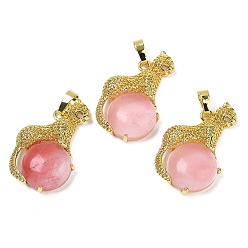 Вишневый Кварц Шар из вишневого кварцевого стекла с латунными подвесками в форме леопарда, стойки покрытие, без кадмия и без свинца, долговечный, 35x22x6.5 мм, отверстие : 7x3.5 мм