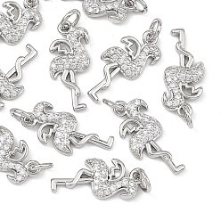 Plaqué Platine Véritable Pendentifs en laiton Shegrace sertis de micro-pavés de zircone cubique, breloques en forme de flamant rose, sans cadmium et sans plomb et sans nickel, Platine plaqué, 19x8x2mm, Trou: 3.5mm