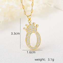 Letter O Хип-хоп латунные микропаве кубические цирконии корона инициал подвеска ожерелья, 304 ожерелья из нержавеющей стали с цепочкой для женщин, золотые, Письмо O, 15.75 дюйм (40 см)