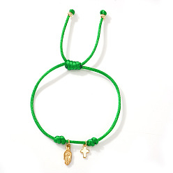 Зеленый лайм 304 из нержавеющей стали шарм браслеты, плетеные браслеты из вощеного шнура для женщин, рука хамса и крест, золотые, зеленый лайм, 11.02 дюйм (28 см)