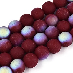 Темно-Красный Матовые непрозрачные стеклянные бусы пряди, круглые, с половиным покрытием, с покрытием AB цвета, темно-красный, 9.5~10 мм, отверстие : 1.2 мм, около 39~41 шт / нитка, 14.57~15.75 дюйм (37~40 см)