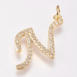 Letter N Brass Micro Pave Cubic Zirconia Letter Pendants, Letter.N, 17x14x2mm, Hole: 3mm