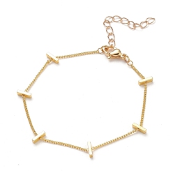 Golden Brass Twisted Chain Curb Chain Bracelets, with Rectangle Beads and 304 Stainless Steel Lobster Claw Clasps, Golden, 7-3/8 inch(18.8cm)