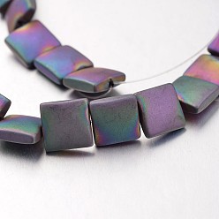 Rainbow Plated Electroplate Non-magnetic Synthetic Hematite Bead Strands, Frosted, Flat Slice Square Beads, Multi-color Plated, 8x8x3mm, Hole: 1mm, about 49pcs/strand, 15.7 inch